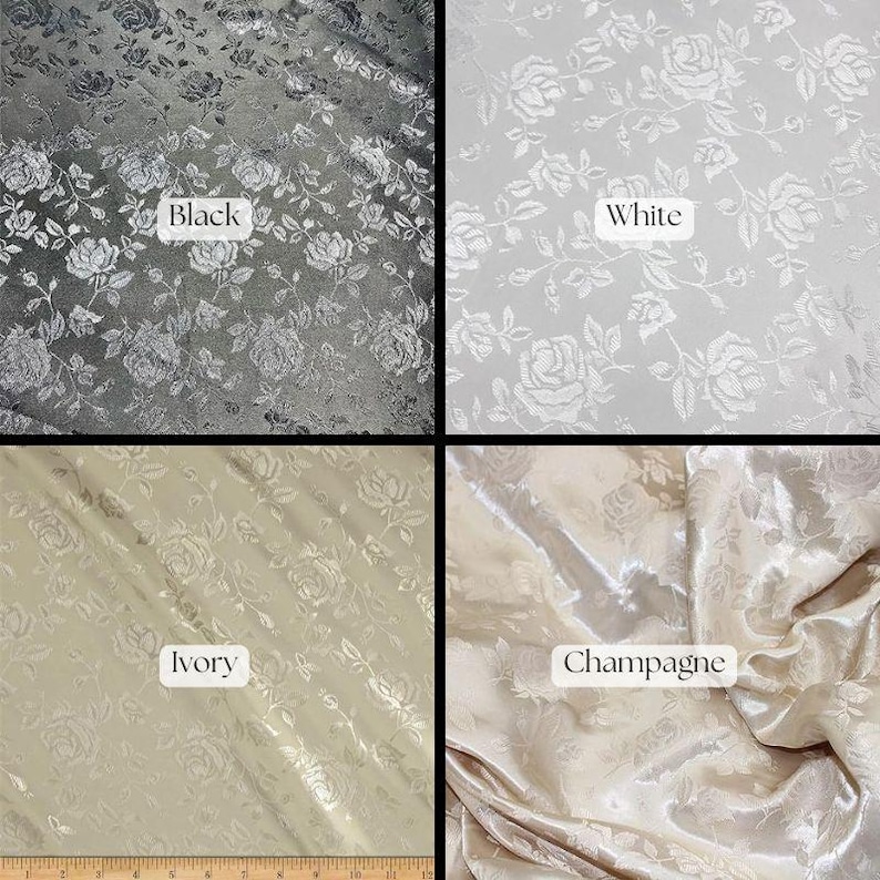 May include: Four fabric swatches in black, white, ivory, and champagne. Each swatch features a repeating rose pattern. The colors are labeled with text: "Black", "White", "Ivory", and "Champagne". The fabric has a slight sheen.