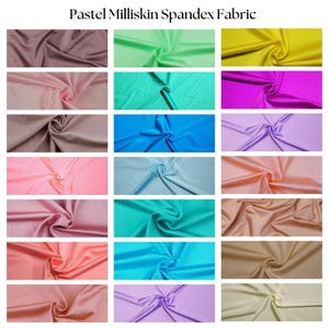 May include: A collection of 18 swatches of pastel colored milliskin spandex fabric. The fabric is smooth and has a slight sheen. The colors include: mauve, light green, yellow, fuchsia, teal, blue, lavender, light pink, light blue, peach, turquoise, beige, coral, lilac, and cream.