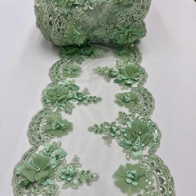 Sage Green Beaded Lace Table Runner – 3D Embroidered Lace With Pearls ...