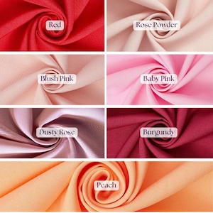 May include: A collage of fabric swatches in various colors, including red, rose powder, blush pink, baby pink, dusty rose, burgundy, and peach. Each swatch is labeled with its respective color name.