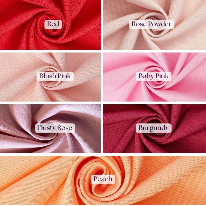 May include: A collage of fabric swatches in various colors, including red, rose powder, blush pink, baby pink, dusty rose, burgundy, and peach. Each swatch is labeled with its respective color name.