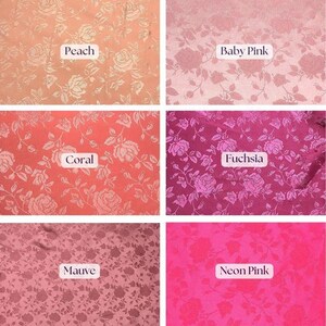 May include: A collection of six fabric swatches in various shades of pink and peach, each featuring a rose pattern. Colors include Peach, Baby Pink, Coral, Fuchsia, Mauve, and Neon Pink, with the color names displayed on each swatch.