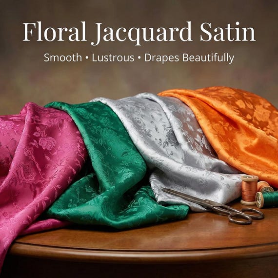 Rose Jacquard Satin Fabric by the Yard, 59–60 Inch Wide Floral Polyester Satin for Dresses, Drapery & Upholstery
