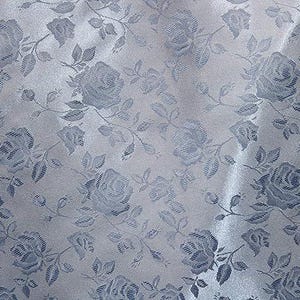 May include: A close-up of a fabric with a repeating pattern of light blue roses and leaves. The roses are detailed with shading, and the fabric has a subtle sheen. The overall effect is elegant and floral.