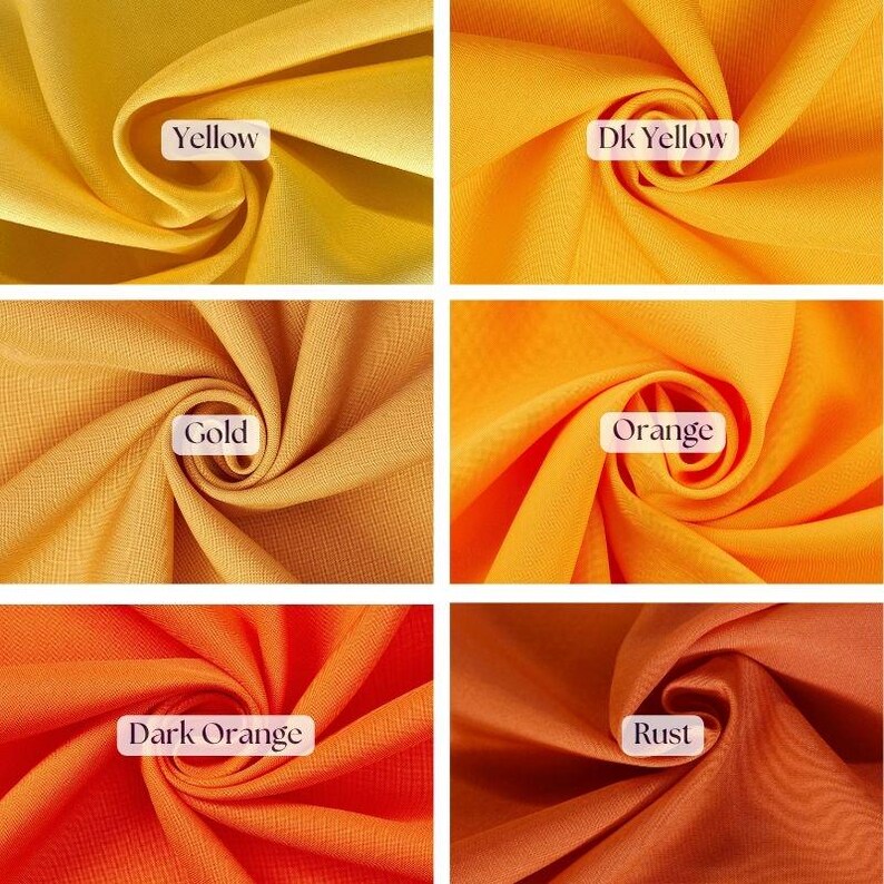 May include: A collection of six fabric swatches in shades of yellow, gold, orange, and rust. Each swatch is labeled with its color name: Yellow, Dk Yellow, Gold, Orange, Dark Orange, and Rust. The fabric appears to be lightweight and flowing.