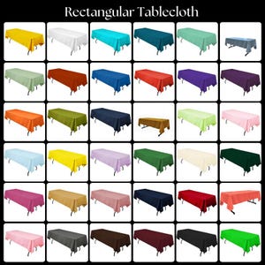 May include: A variety of rectangular tablecloths in different colors, including blue, green, red, yellow, and white. The tablecloths are arranged in a grid pattern on a black background.
