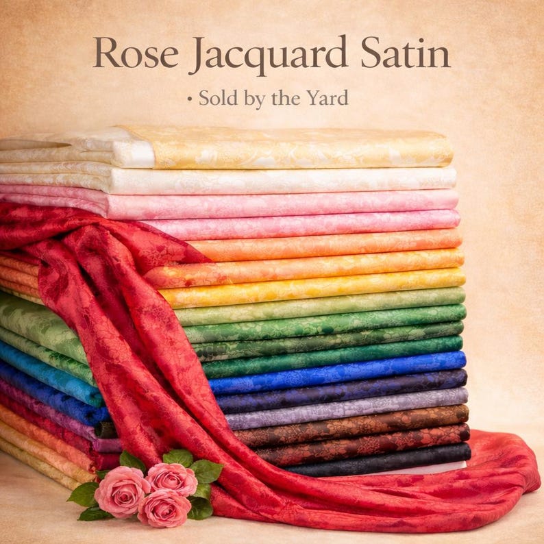 May include: A stack of Rose Jacquard Satin fabric in various colors, including yellow, pink, orange, green, and blue. A red satin fabric is draped over the stack, with three pink roses at the bottom. The text "Rose Jacquard Satin" and "Sold by the Yard" is visible.