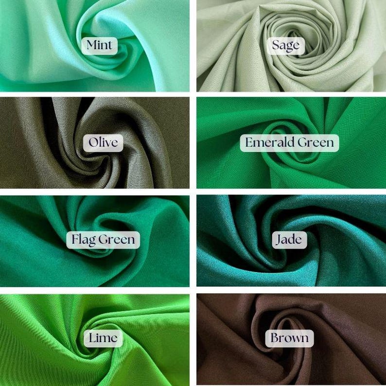 May include: A collection of fabric swatches in various shades of green and brown. The swatches are labeled with names like "Mint," "Sage," "Olive," "Emerald Green," "Flag Green," "Jade," "Lime," and "Brown." The fabric is tightly swirled, showcasing its texture and color.