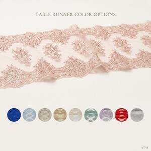May include: A rose gold lace table runner featuring an intricate floral pattern with sequins. The text "TABLE RUNNER COLOR OPTIONS" appears at the top, and a row of ten circular color swatches in various shades is displayed below the runner.