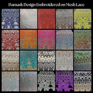 May include: A grid of twenty fabric swatches featuring a damask design embroidered on mesh lace. The collection displays various colors including blue, white, red, silver, yellow, orange, pink, iridescent, green, gold, black, and purple patterns.