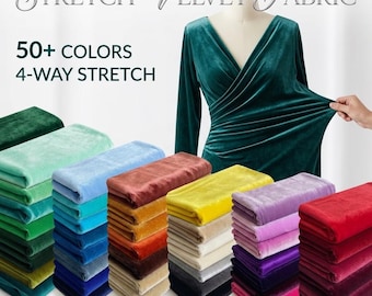 May include: Stacks of colorful stretch velvet fabric in various shades, including green, blue, red, and yellow. A mannequin displays a teal velvet dress. The text reads "Stretch Velvet Fabric" and "50+ Colors 4-Way Stretch."