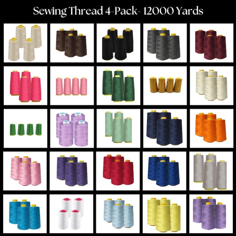 May include: A set of 20 spools of sewing thread, each containing 12,000 yards of thread. The spools are arranged in a grid of five rows and four columns. The thread colors include white, beige, brown, black, gray, red, pink, green, light blue, dark blue, purple, orange, yellow, and light green.