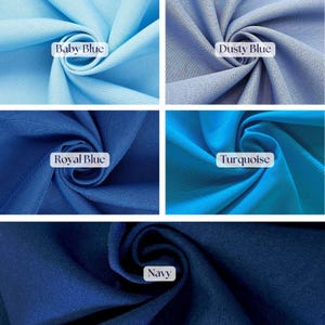 May include: A collection of five swatches of fabric in various shades of blue. The colors include baby blue, dusty blue, royal blue, turquoise, and navy. Each swatch has a label with its corresponding color name.