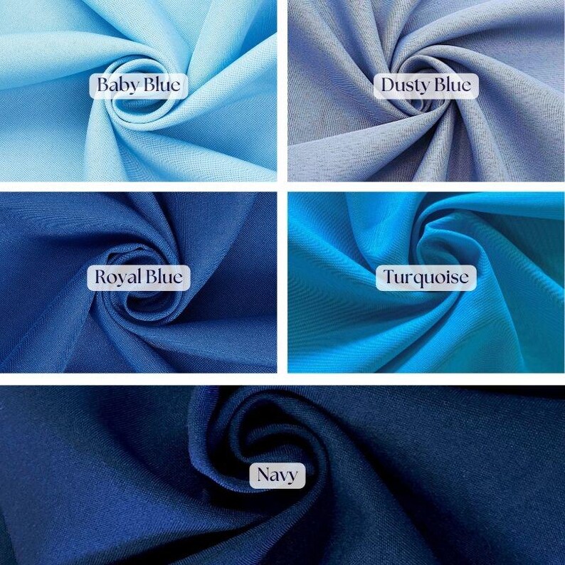May include: A collection of five swatches of fabric in various shades of blue. The colors include baby blue, dusty blue, royal blue, turquoise, and navy. Each swatch has a label with its corresponding color name.