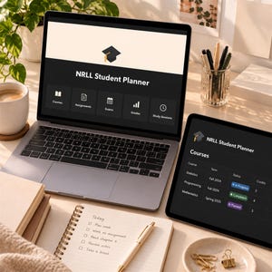 May include: A laptop and tablet displaying the NRLL Student Planner interface, featuring a dashboard with icons for courses, assignments, exams, grades, and study sessions, alongside a course list with status tags for statistics, programming, and mathematics.