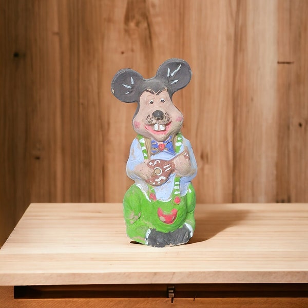 Sifflet de collection artisanal en terre cuite "ELEGANTE MOUSE", pièce unique faite et peinte à la main, 1985