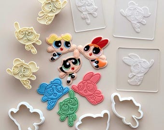 Power Trio Inspired Cookie Cutter & Stamp Set | Cute Cartoon Girl Squad | Fondant and Clay Embosser for Themed Cookies | Powerpufff inspired