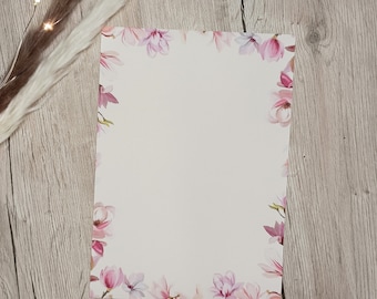 Briefpapier Blumenrand, Briefpapier DIN A5 mit Blumen, 20 Stück Briefpapier inkl. weiße Umschläge, Briefpapierset Blumen, Papier Magnolie