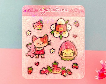 Hoja de pegatinas de gato fresa rosa: papelería holográfica kawaii