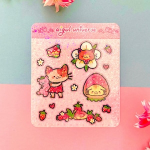 Pink Strawberry Cat Sticker Sheet - Holographic Cute Cat Sticker I Kawaii Cat Stationery I Aesthetic Scrapbook Notebook Decorative Sticker