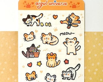 Cute Cat Sticker Sheet – Kawaii Stationery, Scrapbook Stickers