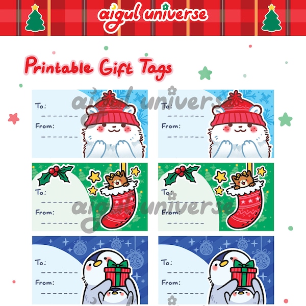 Cute Kawaii Christmas Printable Gift Tags Set of 8 | PDF Instant Digital Download | Ready to Print