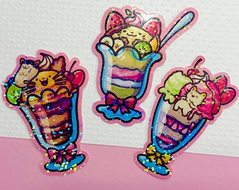 Kawaii Cat Parfait Sticker - Holographic Vinyl, Pink Stationery