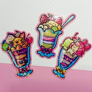 Cute Cat Parfait Sticker - Kawaii Food I Pink Stationery Holographic Vinyl Sticker I Aesthetic Scrapbook Notebook Decorative Sticker