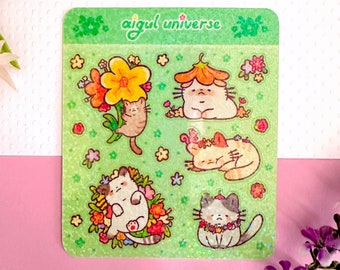 Hoja de pegatinas de gato durmiendo kawaii: pegatinas holográficas florales