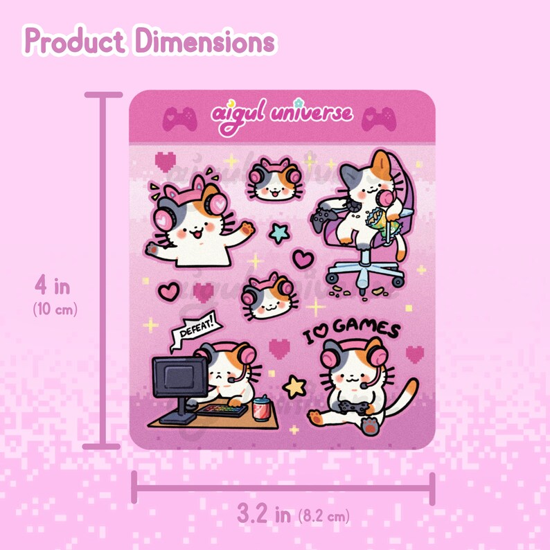 Puede incluir: Un conjunto de 8 pegatinas de tem&aacute;tica de gatos rosa y blanco con un gato jugador con auriculares, una silla de juego, un ordenador y el texto "I &hearts; GAMES". Las pegatinas miden 10 cm de alto y 8,2 cm de ancho.