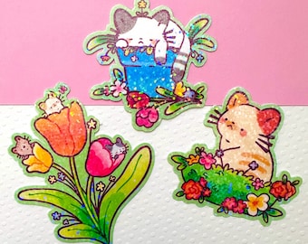 Kawaii Flower Cat Sticker: Holographic Vinyl Stationery