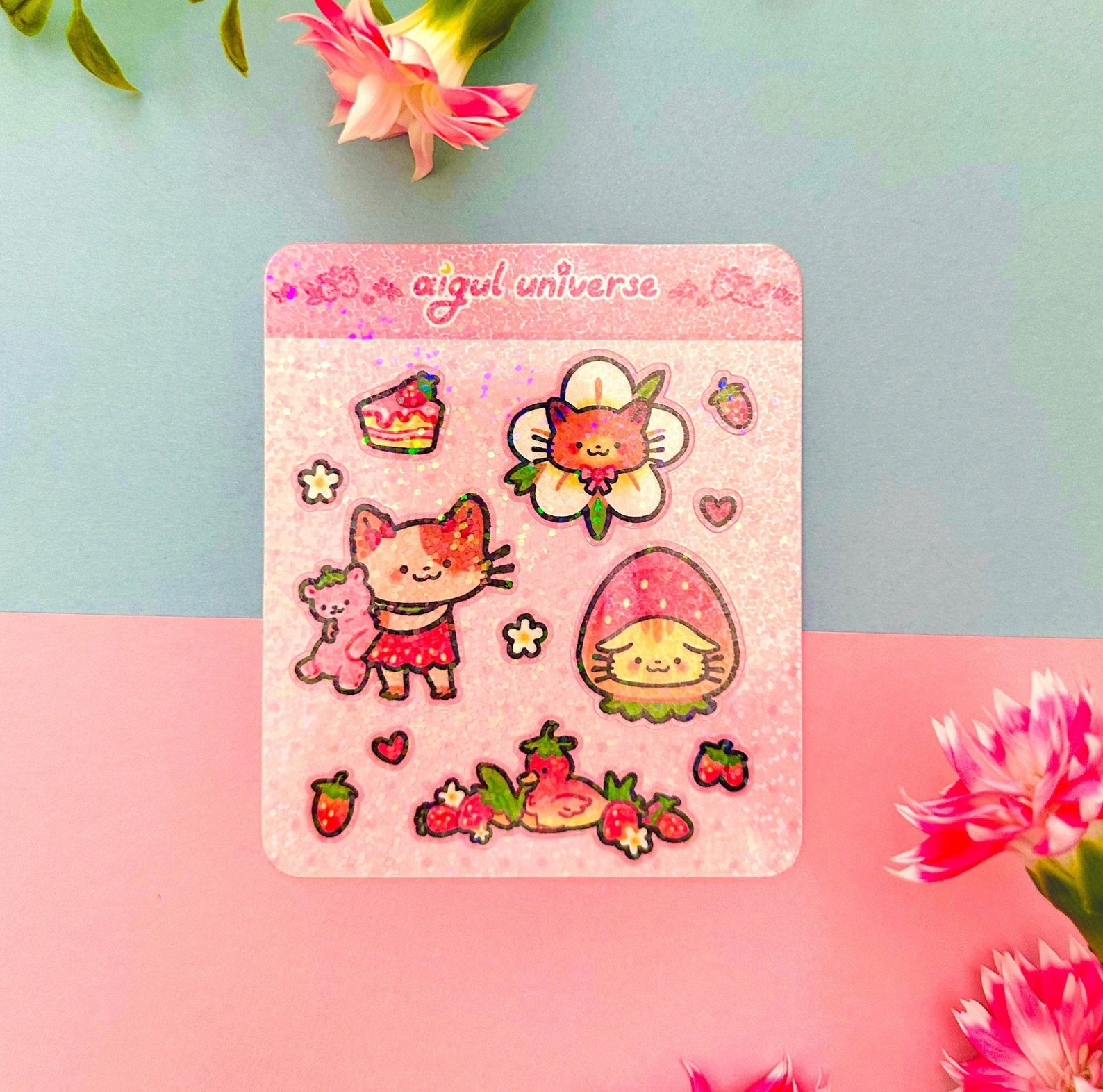 Pink Strawberry Cat Sticker Sheet: Holographic Kawaii Stationery - Etsy