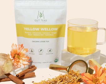 Tés intestinales- Mezcla de té orgánico de apoyo intestinal /Yellow Wellow- Rooibos, canela, cúrcuma, raíz de jengibre, olmo resbaladizo y caléndula