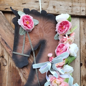 Horse Head Floral Wreath with Embossed Wood Base for the Horse Lover or the Barn Door- Indoor/Outdoor Wreath for the Equestrian