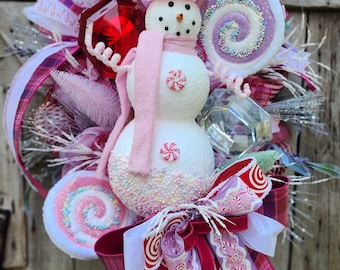Pink Snowman Wreath, Winter Wreath, Christmas Snowman, Gemstone Wreath, Candyland Wreath, Christmas Gift for New Home, Winter Jewel