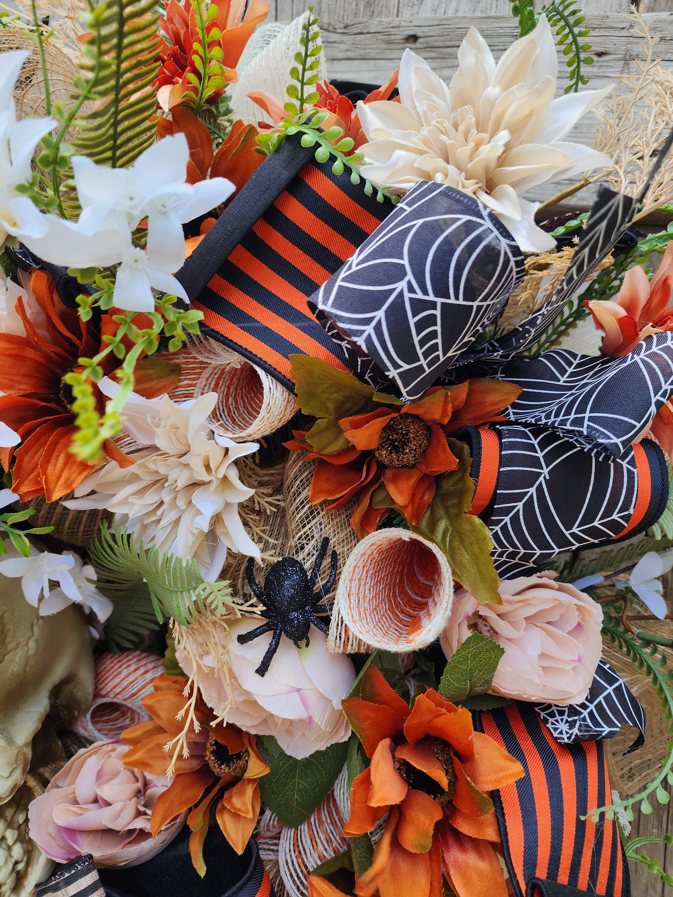 Halloween Wreath With Skull Hands & Maple Leaves – 43x43x5cm Black Orange Wreath, Front Door Decor, Skeleton Ornament