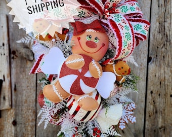 Gingerbread Christmas Swag Wreath, Peppermint Gingerbread Wreath, Christmas Porch Decor, Holiday Gift for New Home, Christmas Wreath, Gift