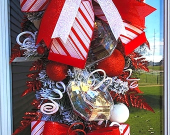 Candycane Christmas Swag Wreath, Red and White Gem Swag, Christmas Porch Decor, Holiday Gift for New Home, Peppermint Wreath, New Home Gift