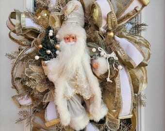 White and Gold Santa Wreath, Christmas Santa Wreath, Porch Decor, Winter Wreath, Christmas Wedding Gift, Gem Wreath, Winter Birthday Present