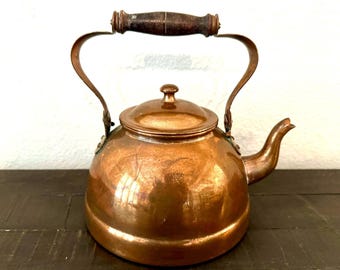 Vintage Rustic Copper Tea Kettle With Wood Handle