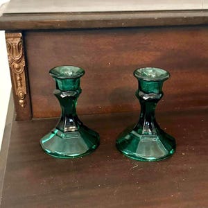 Vintage Indiana Glass Emerald Green Candleholder Set of 2