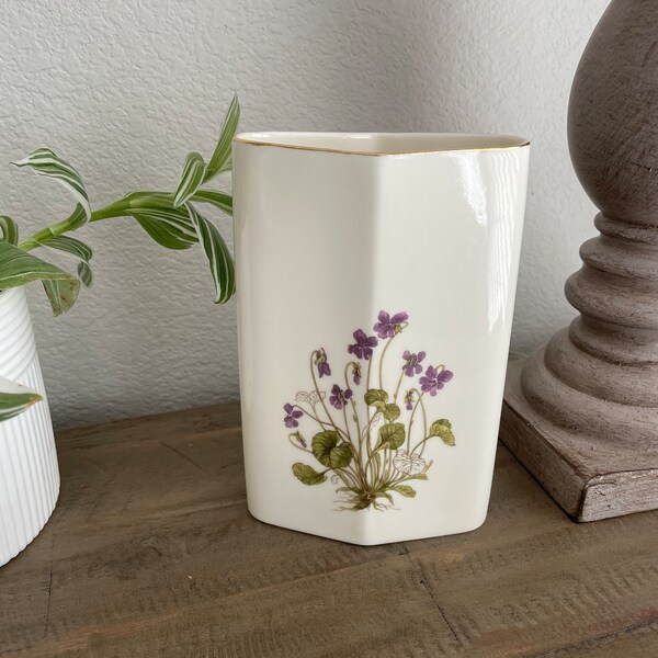 Vintage Otagiri  Japan Vase Oval Ivory Vase Purple Violets Flower