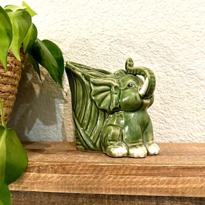 Vintage Green Bamboo Elephant Trunk Up For Good Luck Planter Succulent Plant Pot