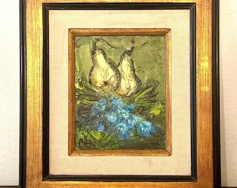 Vintage  Mid Century Wood Framed Thick Textured Oil Painting By Artist Etta Benjamin Cien