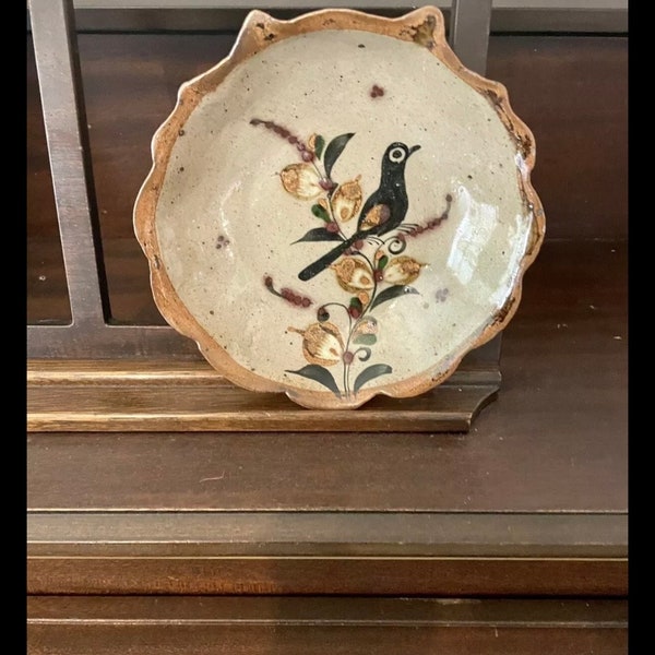Vintage Tonala Pottery Plate Signed Mexican Folk Art Bird & Flowers