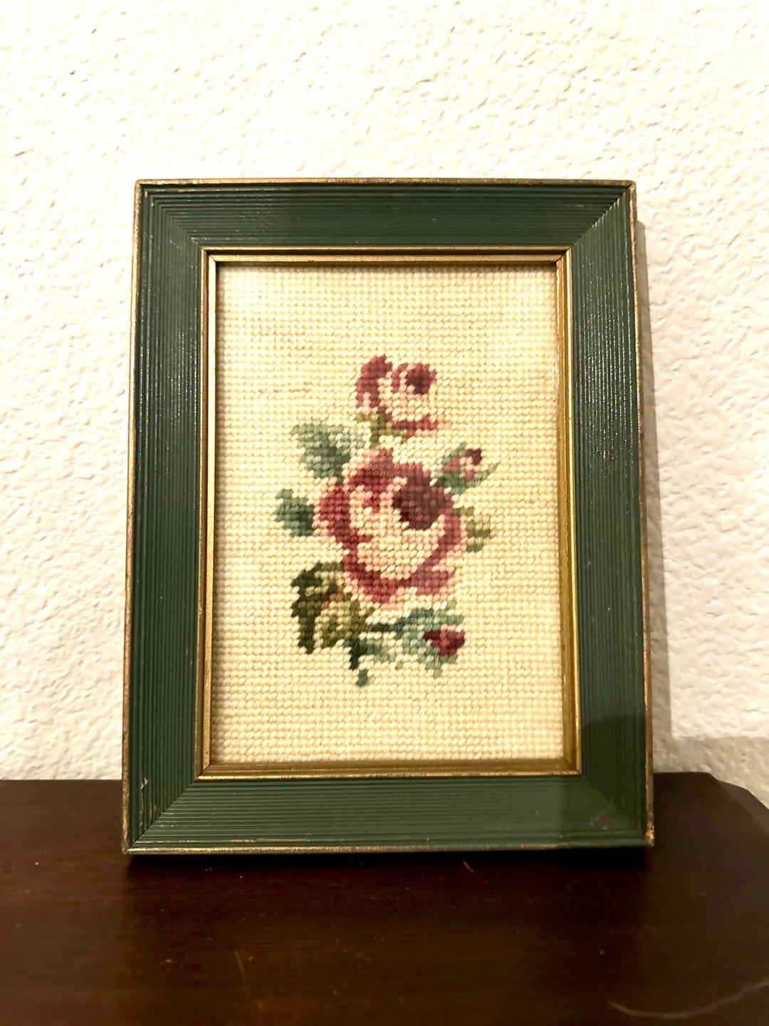 Vintage Green Wood Framed Floral Roses Needlepoint Wall Art - Etsy