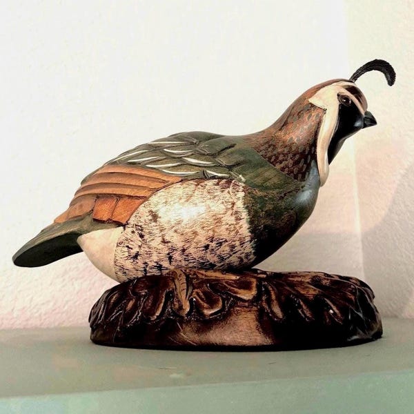 Vintage Hand-carved & Painted Wooden California Valley Quail Decoy Figurine Signed By Tom Taber