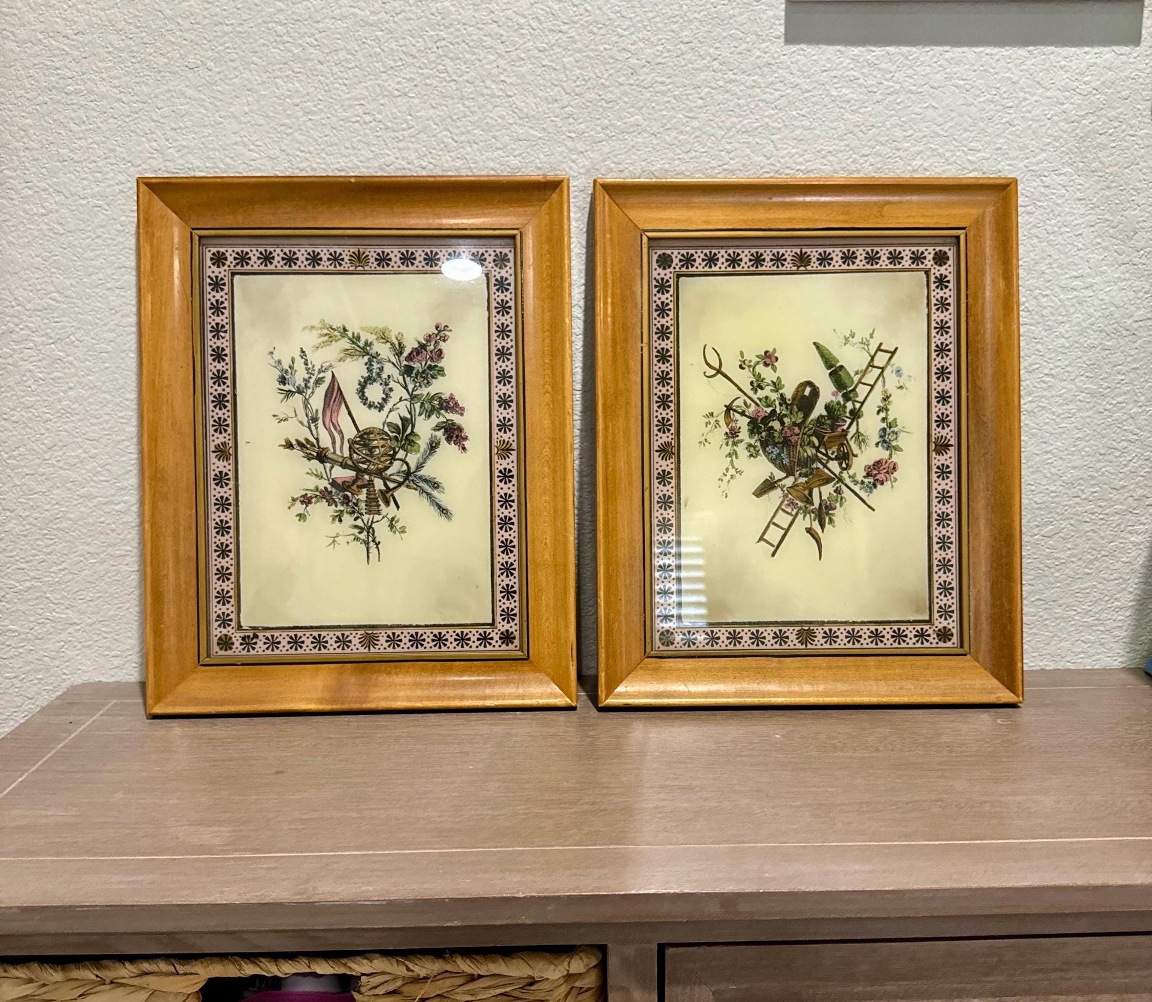 Antique Reverse Glass Painting Botanical Framed Art Set of 2