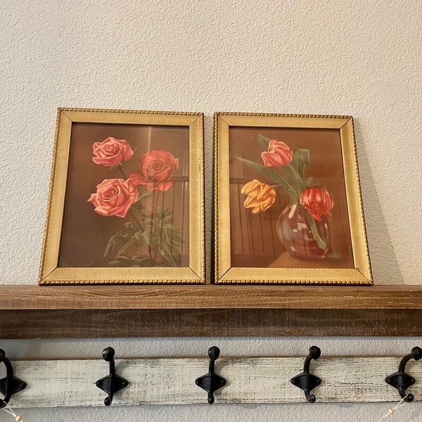 Vintage Lithograph/Print Floral~ Roses & Tulips~ Set of 2