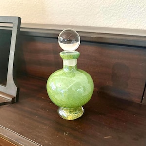 Vintage Art Glass Green Decanter Bottle With Glass Stopper